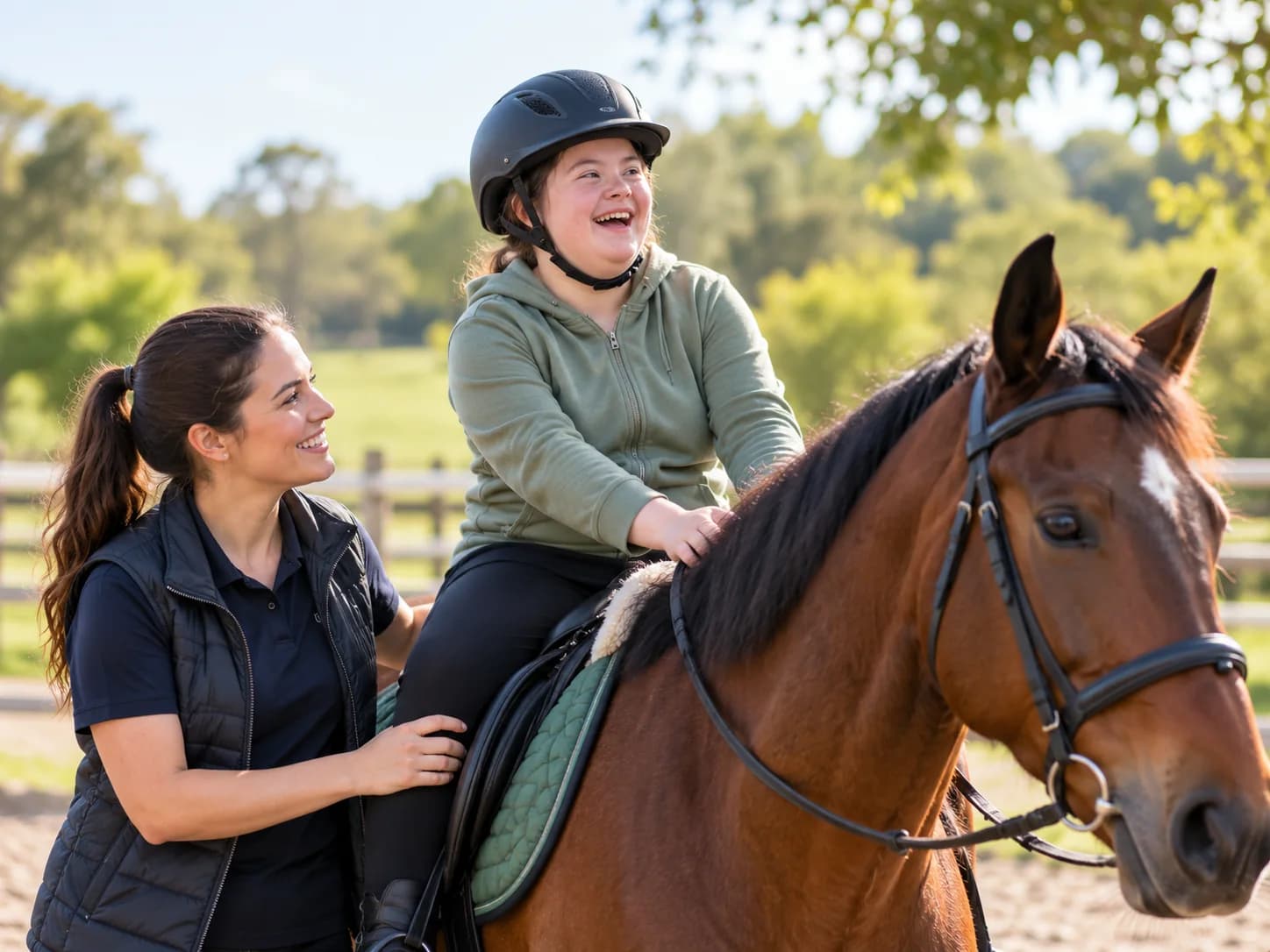 Smiling rider in a helmet on a horse, supported by an instructor