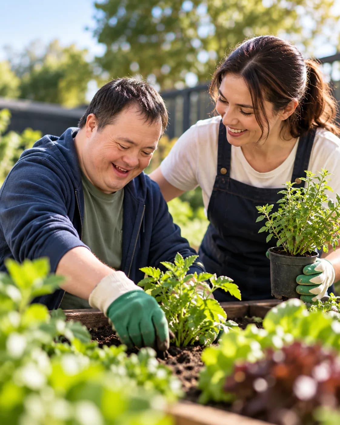 Support worker and participant planting seedlings together in a community garden